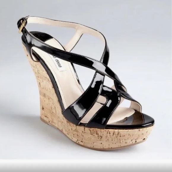 Miu Miu Shoes - Miu Miu Black Patent Leather Cork Wedges